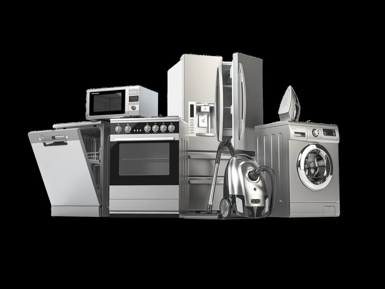Lineup of consumer appliances including refrigerator, oven, dishwasher, washing machine, microwave, and vacuum on a black background