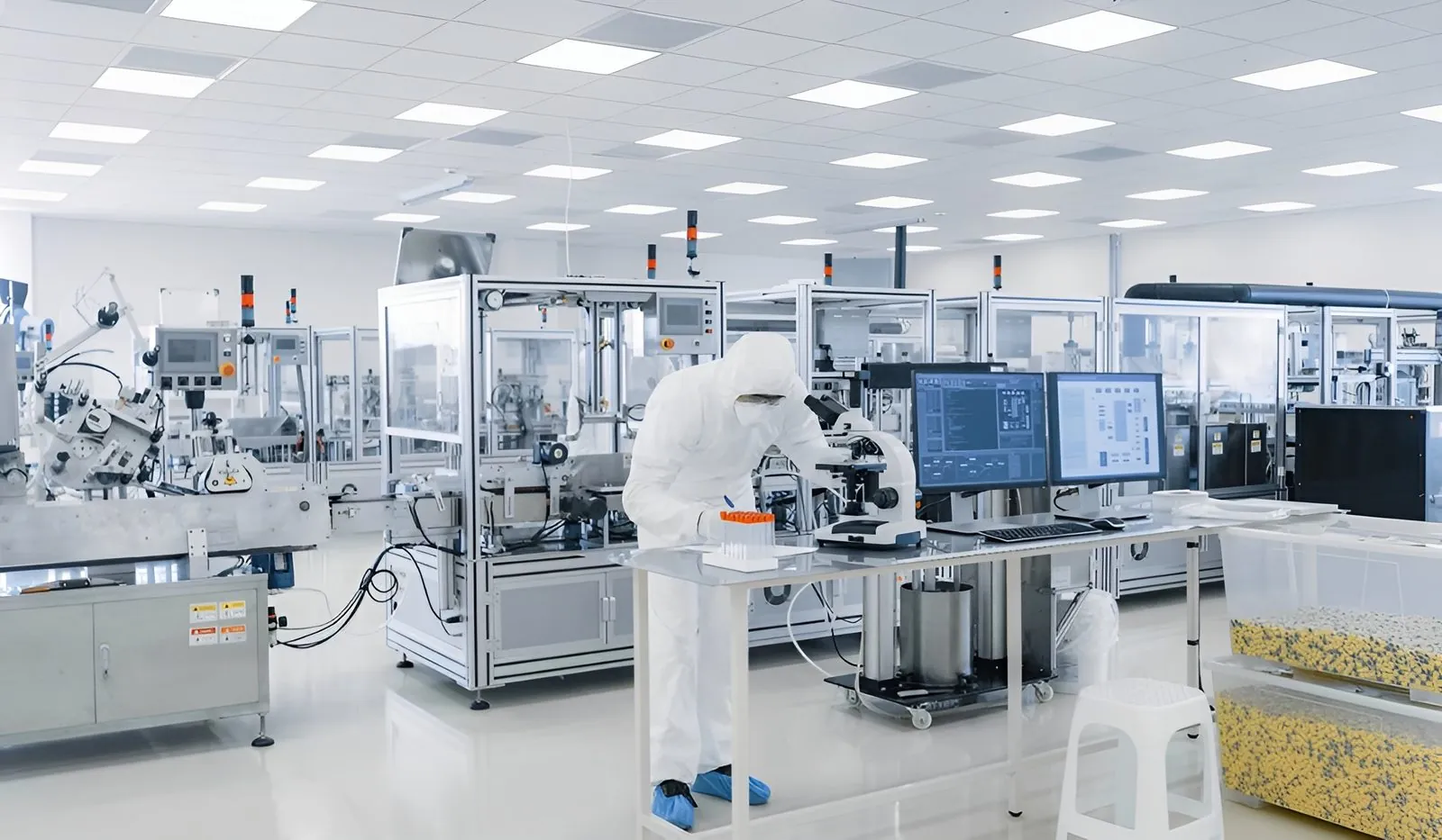 Medical and laboratory manufacturing environment with automated production equipment and inspection workstation