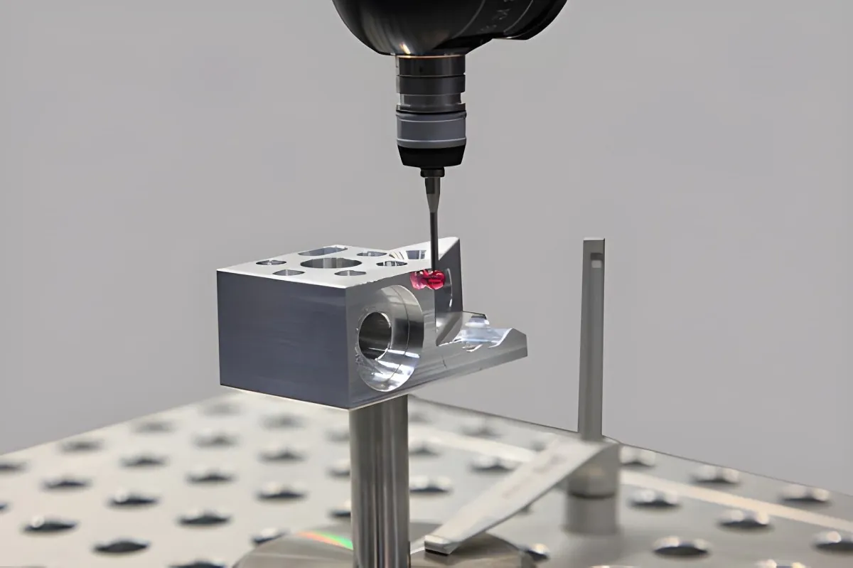 CMM probe with red ruby tip inspecting a machined aluminum bracket on a granite inspection surface
